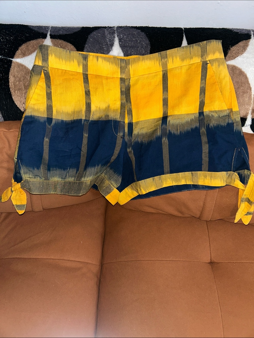 LOFT Yellow and Navy Tie-Dye Plaid High Waist Shorts NWOT